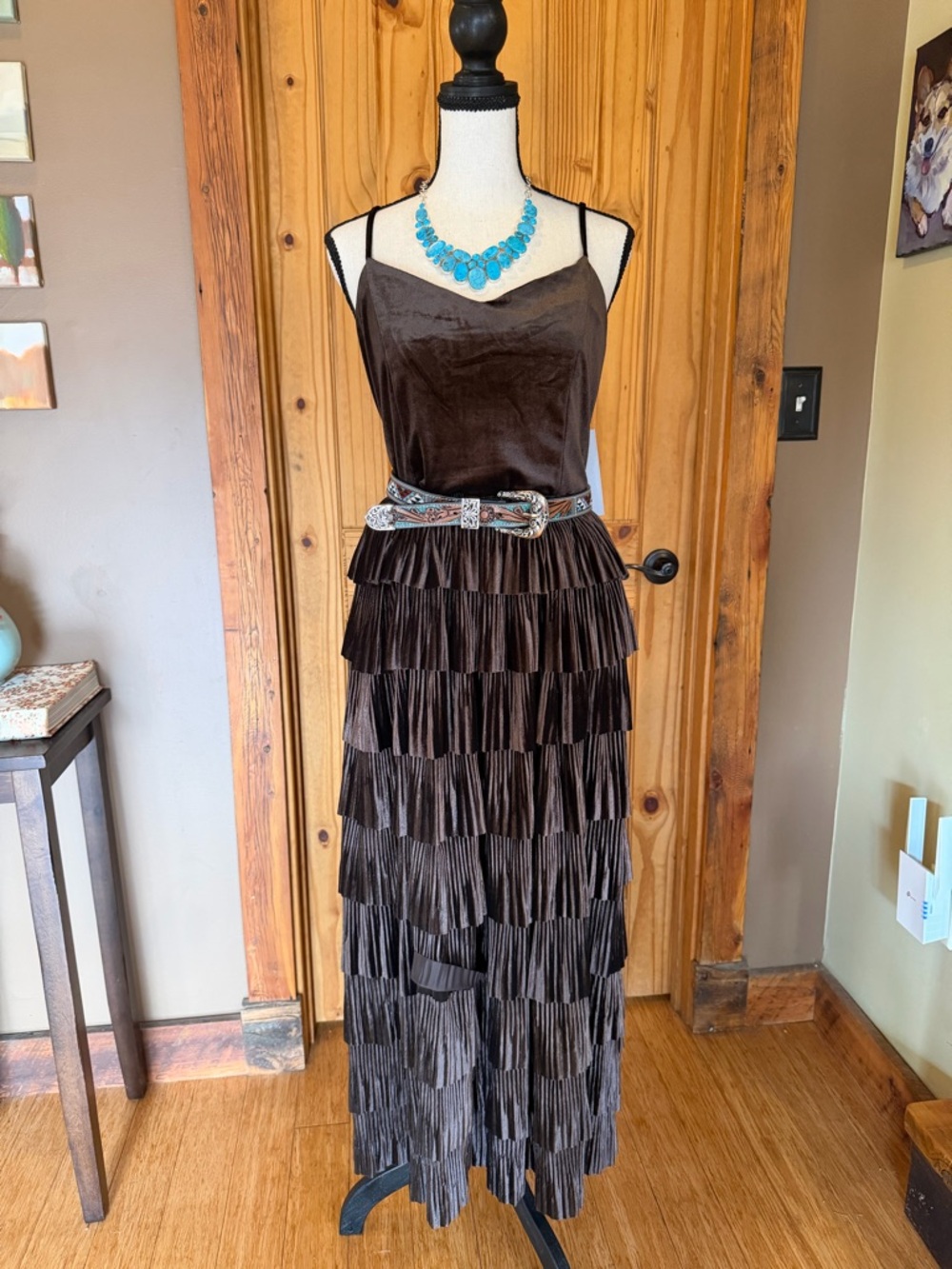 Raisonnel Tiered Ruffle Velvet Midi Dress in Deep Chocolate Brown NWT size L